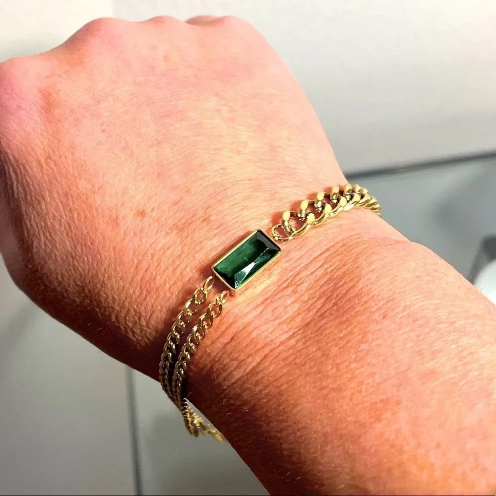 The Champion Bracelet 18K Gold Plated Link Chain w/ Green Gemstone